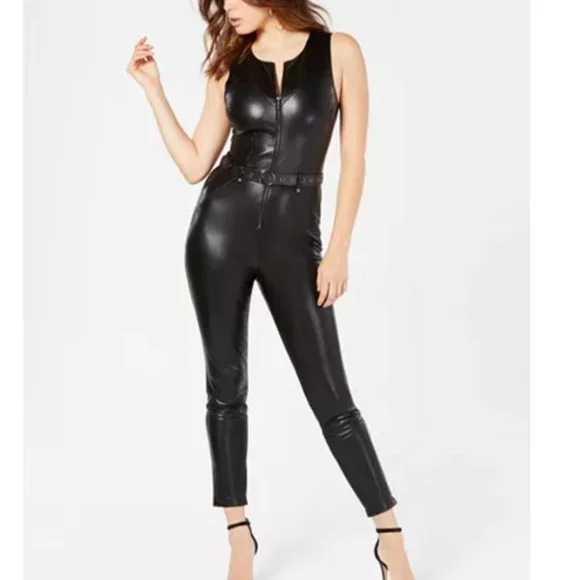 Guess Sandra Faux Leather Moto Belted Jumpsuit Black - Picture 1 of 8